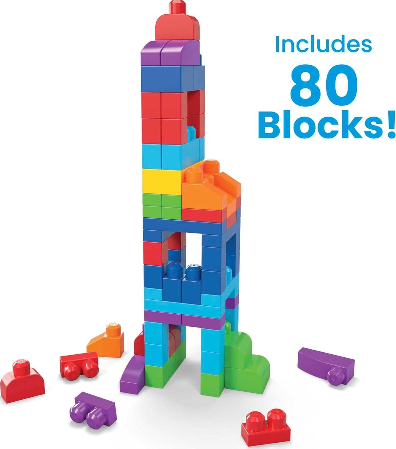 MEGA BLOKS First Builders Toddler Blocks Toys Set, Big Building Bag with 80 Pieces and Storage, Blue