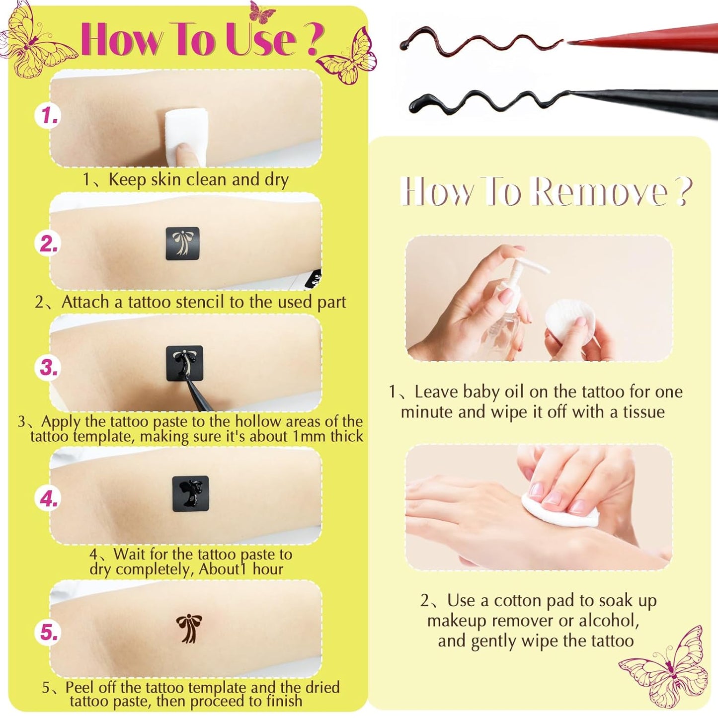 126 PCS Temporary Tattoos Stencils Kit,Temporary Tattoos Kit - 6 Pcs 2 Color(Brown Black) Ink with Gloves,DIY Body Art Painting for Women Men Adults Kids