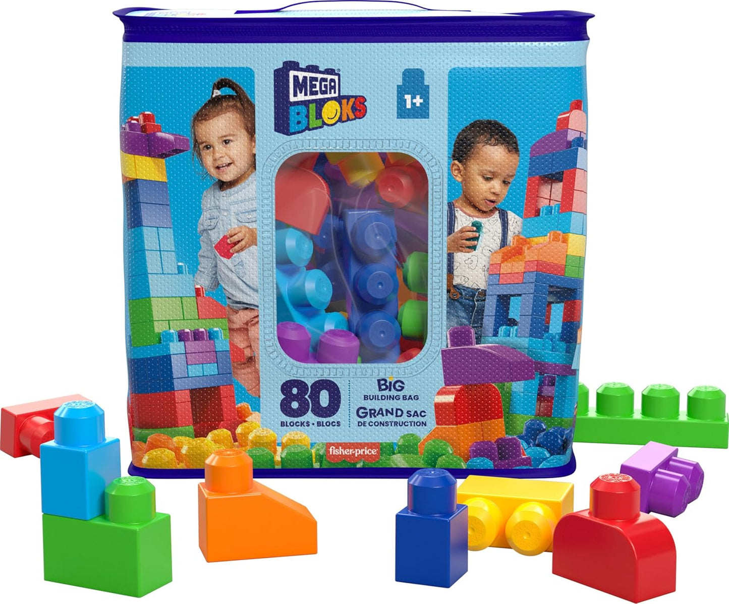 MEGA BLOKS First Builders Toddler Blocks Toys Set, Big Building Bag with 80 Pieces and Storage, Blue