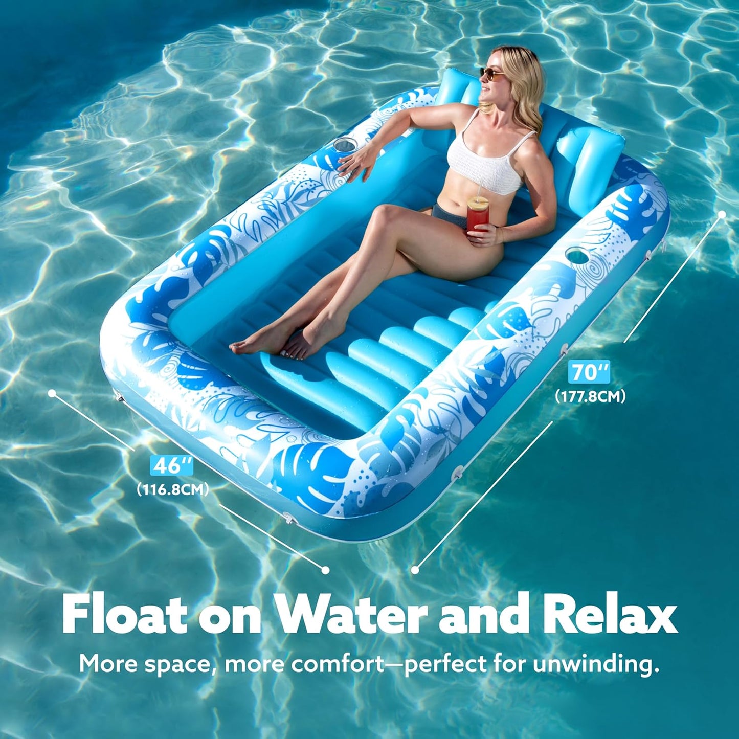 SLOOSH Inflatable Tanning Pool Lounger Float, 70" x 46" Pool Floats Adult with Pillow, 4 in 1 Suntan Tub Raft Floatie,Sunbathing Bed Lounge for Water Blow Up Kids Ball Pit Party Gifts, L-Blue