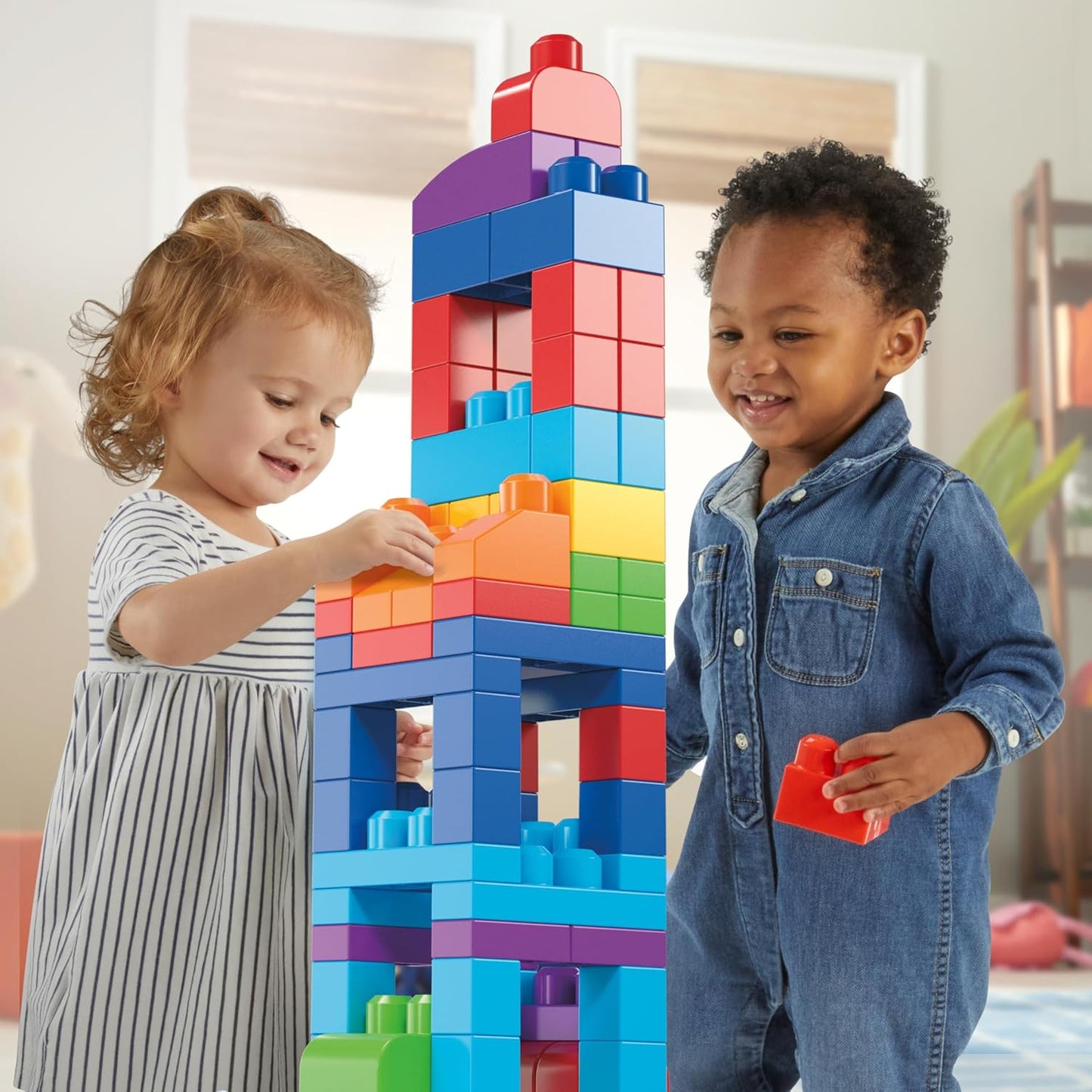 MEGA BLOKS First Builders Toddler Blocks Toys Set, Big Building Bag with 80 Pieces and Storage, Blue