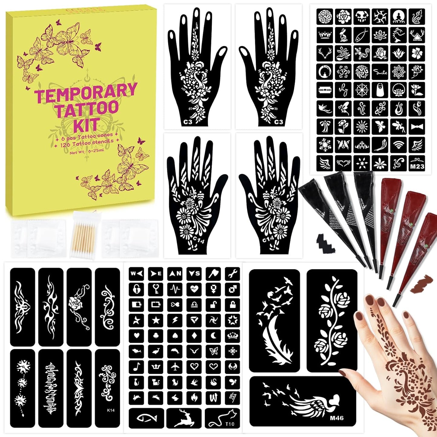126 PCS Temporary Tattoos Stencils Kit,Temporary Tattoos Kit - 6 Pcs 2 Color(Brown Black) Ink with Gloves,DIY Body Art Painting for Women Men Adults Kids