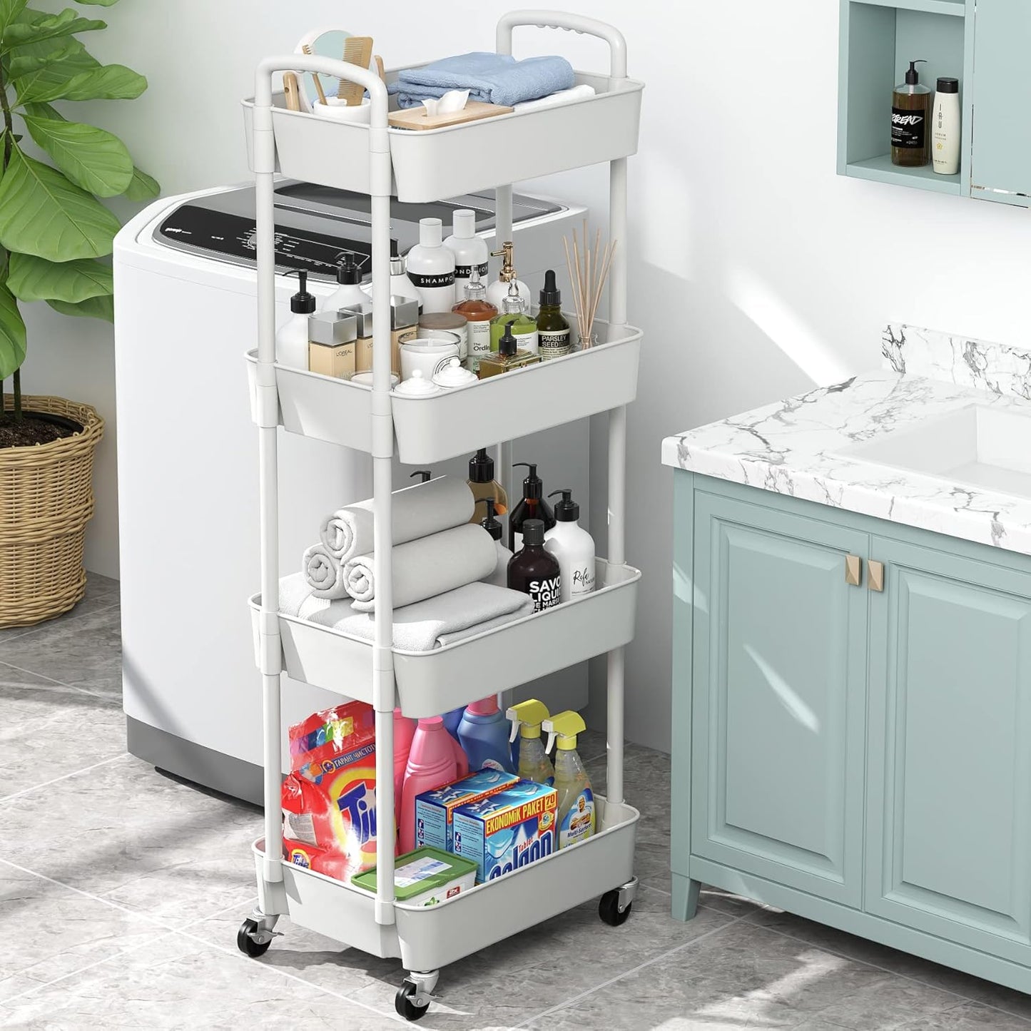 Sywhitta 4-Tier Plastic Rolling Utility Cart with Handle, Multi-Functional Storage Trolley for Office, Living Room, Kitchen, Movable Storage Organizer with Wheels, White