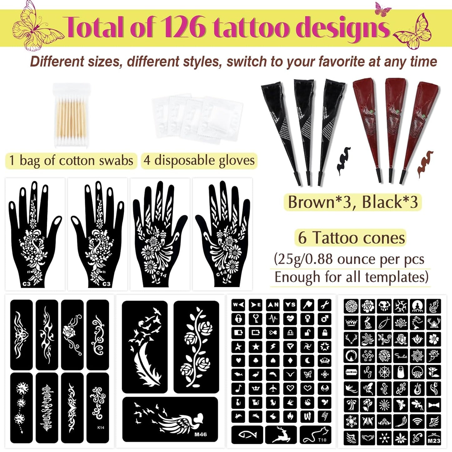 126 PCS Temporary Tattoos Stencils Kit,Temporary Tattoos Kit - 6 Pcs 2 Color(Brown Black) Ink with Gloves,DIY Body Art Painting for Women Men Adults Kids