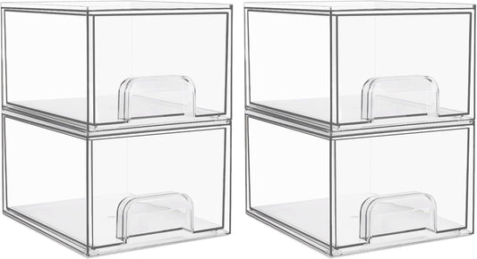 Vtopmart 4 Pack Clear Stackable Storage Drawers, 4.4'' Tall Acrylic Bathroom Makeup Organizer,Plastic Storage Bins For Vanity, Undersink, Kitchen Cabinets, Pantry, Home Organization