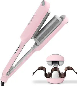 Curling Iron Hair Crimper Waver - TYMO ROVY Beach Waves Curling Wand, Ionic Deep Waver Hair Curler Tool with Ceramic 3 Barrel for Women, Dual Voltage, Anti-Scald, Easy to Use, Pink