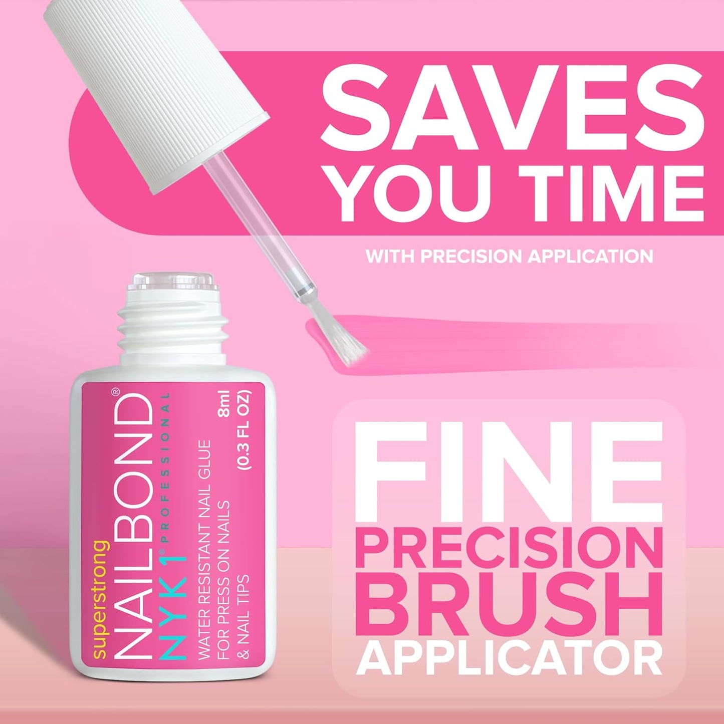 Super Strong Nail Glue for Press On Nails, Nail Tips & Acrylic Nails (8ml) NYK1 NailBond Brush On Glue for Press Ons, Tips & Acrylics - Long Lasting, Maximum Strength, Mess-Free Application