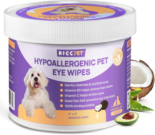 HICC PET Eyes Wipes for Dogs & Cats - Gently Remove Tear Stain, Debris, Discharge, Crust - Coconut Oil Pet Cleaning Grooming Deodorizing Wipes Wash Cleaner for Eyes, Wrinkle