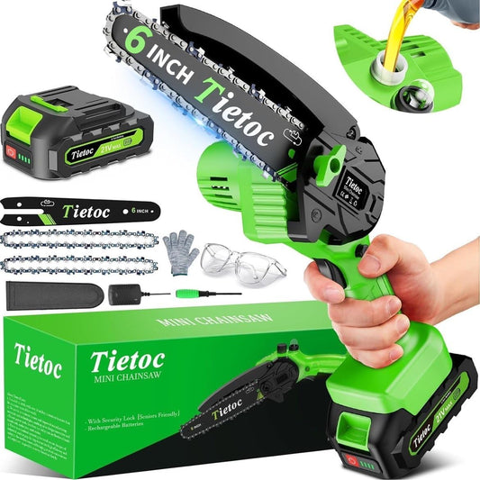 Tietoc Chainsaw 6 Inch Mini Electric Chainsaw Cordless Battery Powered, Hand Held Saw for Wood/Trees Trimming, Tools for Household and Garden, Chain Saw Gift for Men Dad Husband Fathers Gardener 2025v