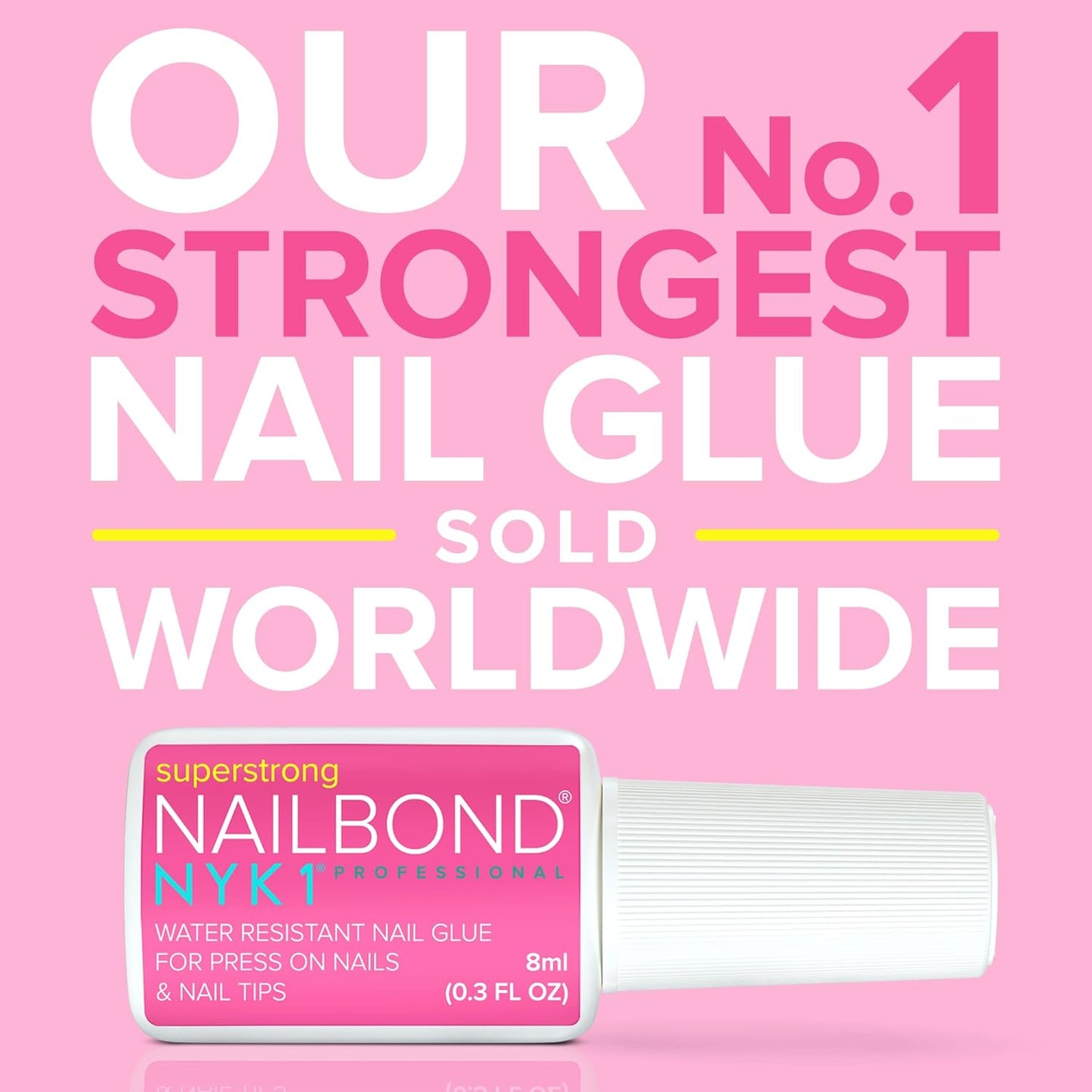 Super Strong Nail Glue for Press On Nails, Nail Tips & Acrylic Nails (8ml) NYK1 NailBond Brush On Glue for Press Ons, Tips & Acrylics - Long Lasting, Maximum Strength, Mess-Free Application