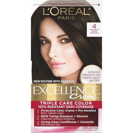 L'Oreal Paris Excellence Creme Permanent Hair Color, 4 Dark Brown, 100 percent Gray Coverage Hair Dye