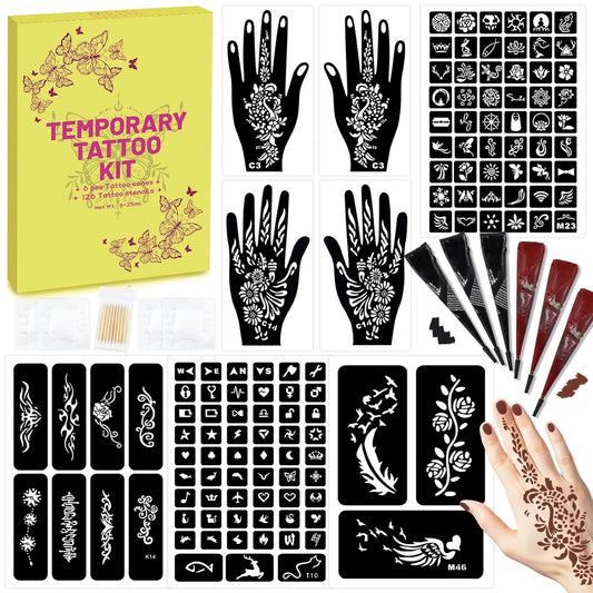 126 PCS Temporary Tattoos Stencils Kit,Temporary Tattoos Kit - 6 Pcs 2 Color(Brown Black) Ink with Gloves,DIY Body Art Painting for Women Men Adults Kids