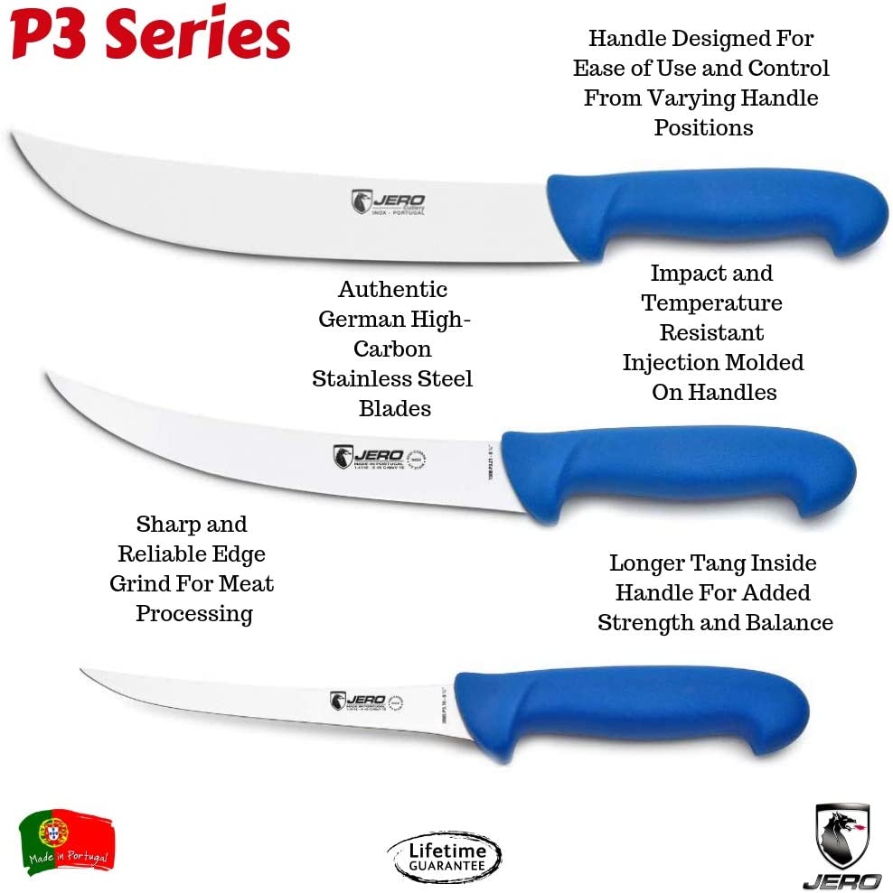 Jero 4 Piece P3 Butcher Meat Processing Set, Cimeter, Breaking, and Boning Knives - Includes Sharpening Steel