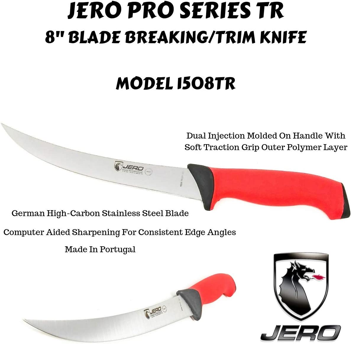 Jero TR Series Butcher Knife Set - 10 Cimeter - 8 Breaking/Trim - Curved Boning - Soft Traction Grip Handles - German High-Carbon Stainless Steel